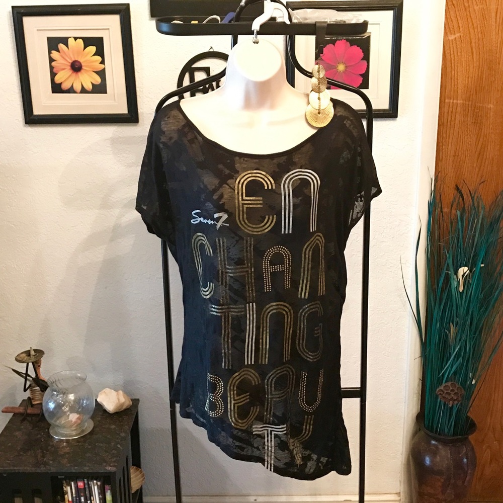 Seven7 black top says Enchanted beauty black& gold